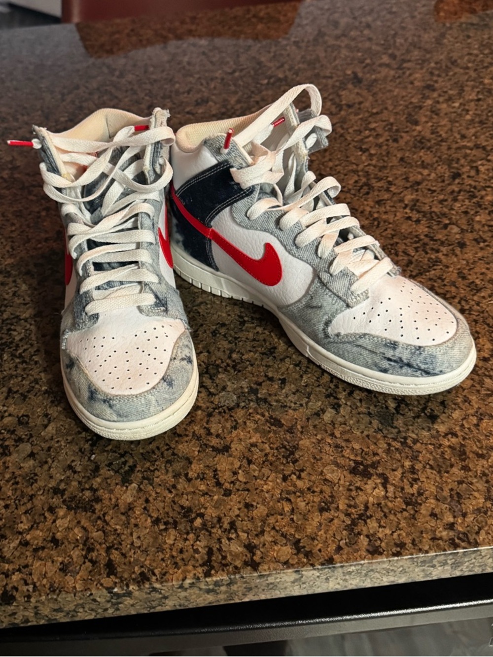 Women’s Nike Dunk High Sneakers in White, Red and Blue Marble